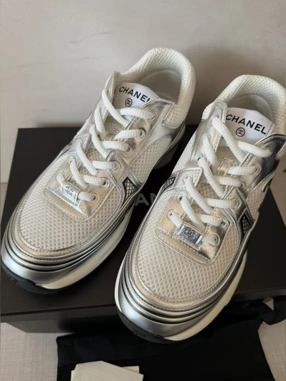 Chanel White & Silver Mesh Runner Sneakers